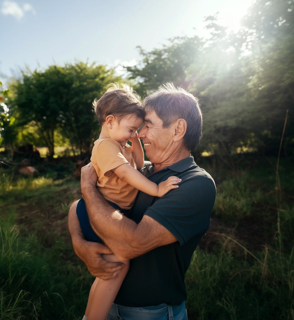 Grandfather hugging grandson